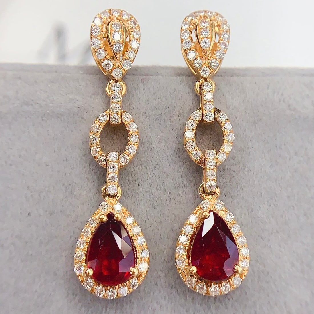 14k Gold 1.72 Ct Vivid Red Natural Ruby & Diamond & Sapphire Earrings - 4
