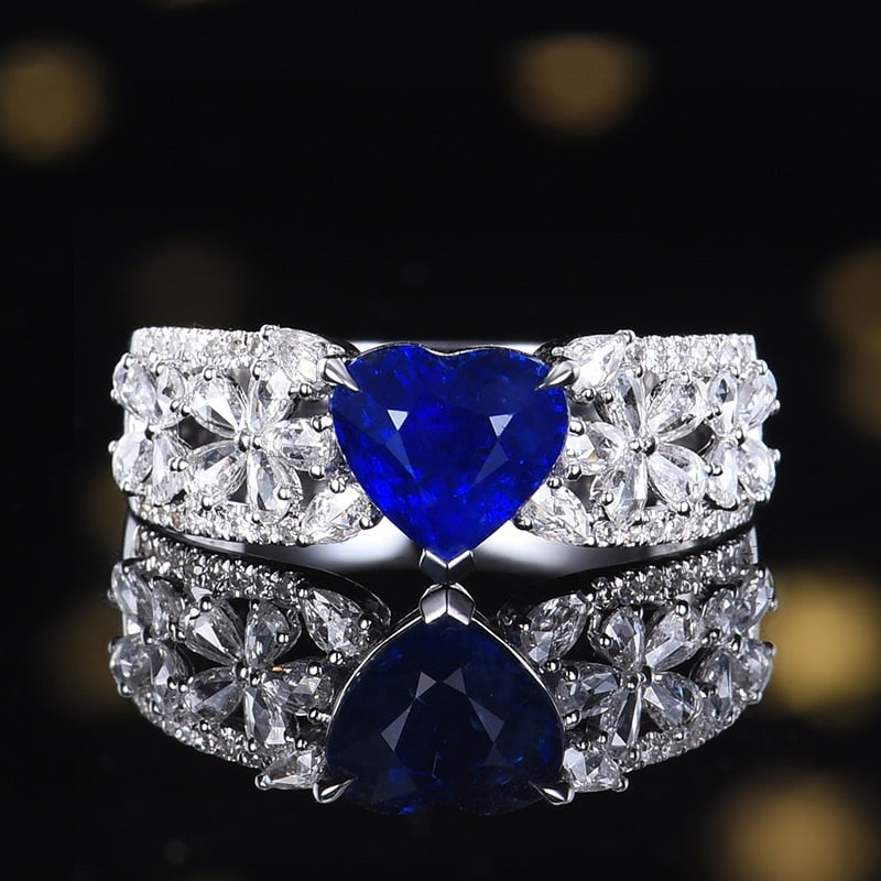 14k Gold 2.04 Ctw Natural Sapphire & Diamond Ring: Ref:231094066 // gold content:14k gold // ring size:7. 25us // // main gemstone:sapphire // shape:heart // carat weight:1. 59ct // color:royal blue // treatment:natural // // adjacent gemstone 2 :