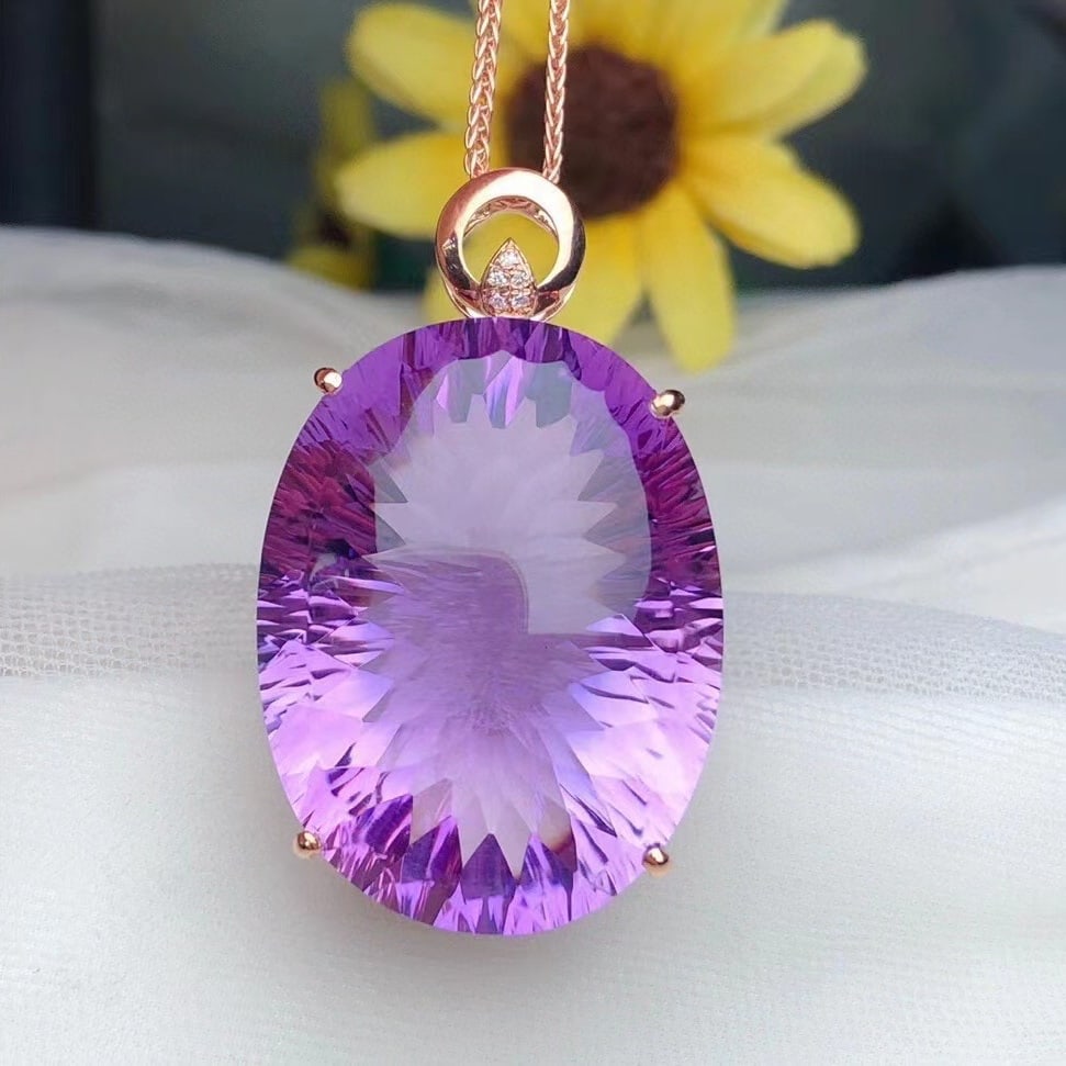 14k Gold 44.70 Ct Natural Amethyst & Diamond Pendant( Without Chain ) - 4