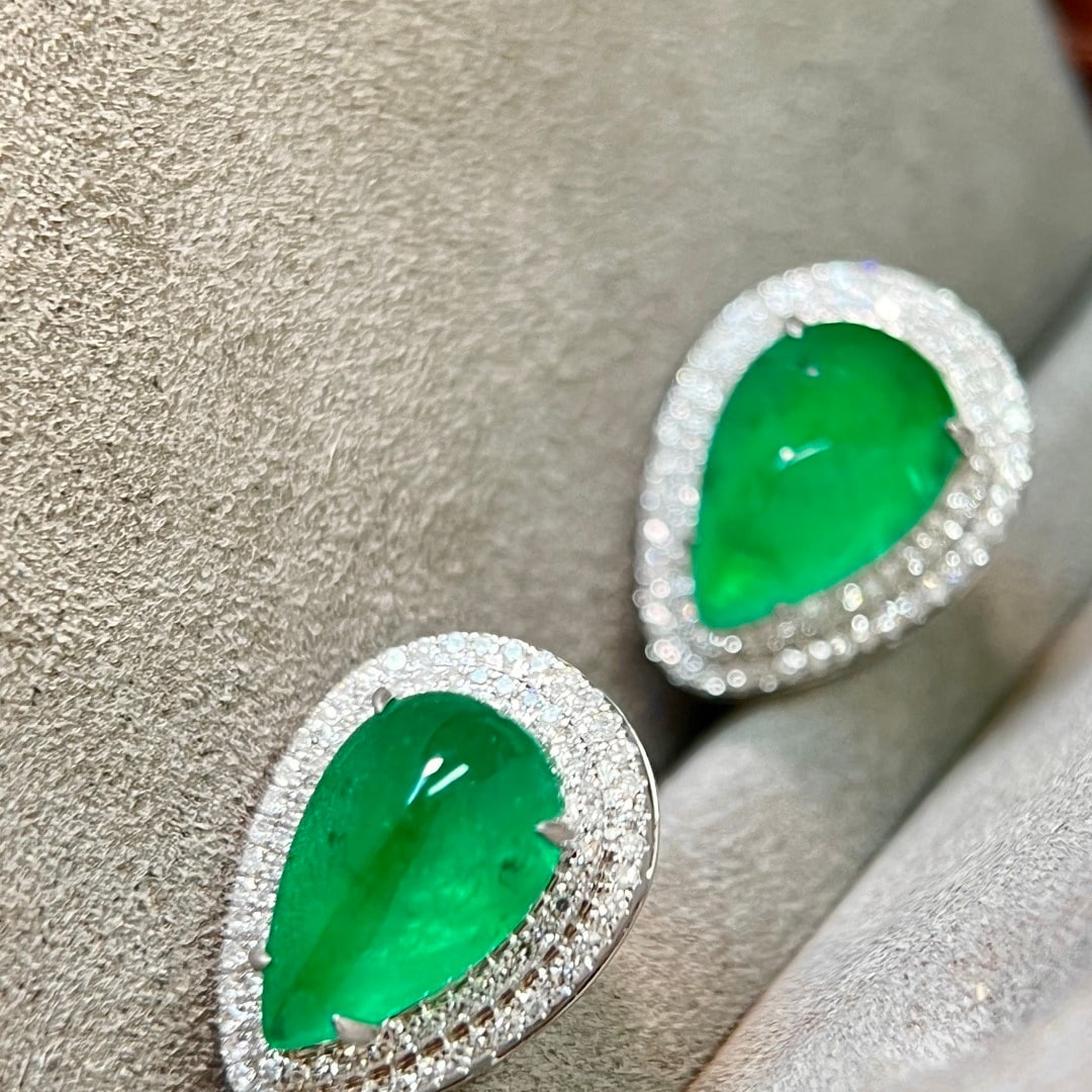 14k Gold 7.67 Ctw Vivid Green Natural Emerald & Diamond Earrings - 6