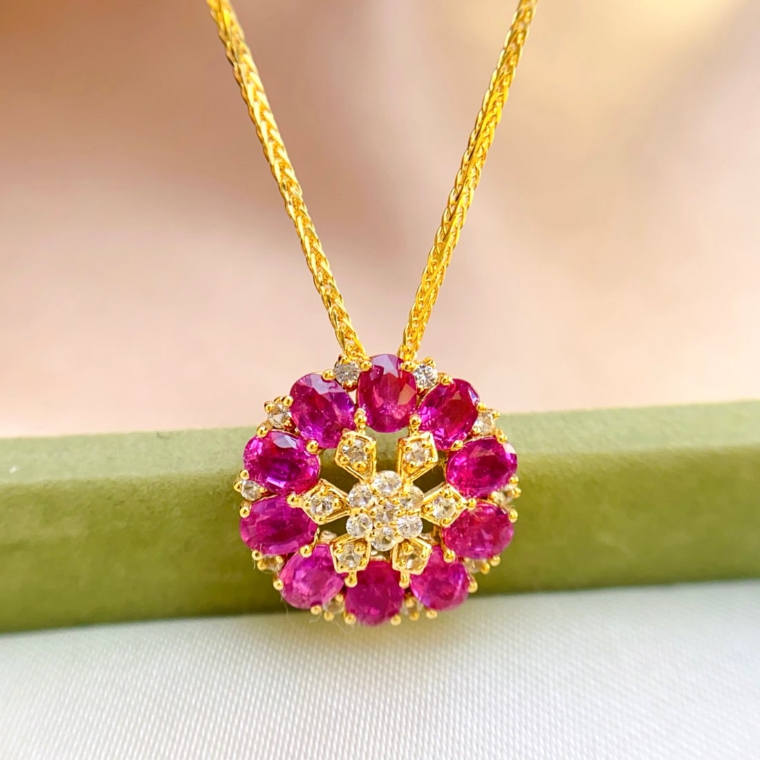 14k Gold 3.30 Ct Natural Ruby & Sapphire Pendant( Without Chain ): Ref:231094080 // gold content:14k gold // main gemstone:ruby // shape:oval // carat weight:3. 30ct // color:red // treatment:natural // // adjacent gemstone 2 : sapphire // number of stones:23 //