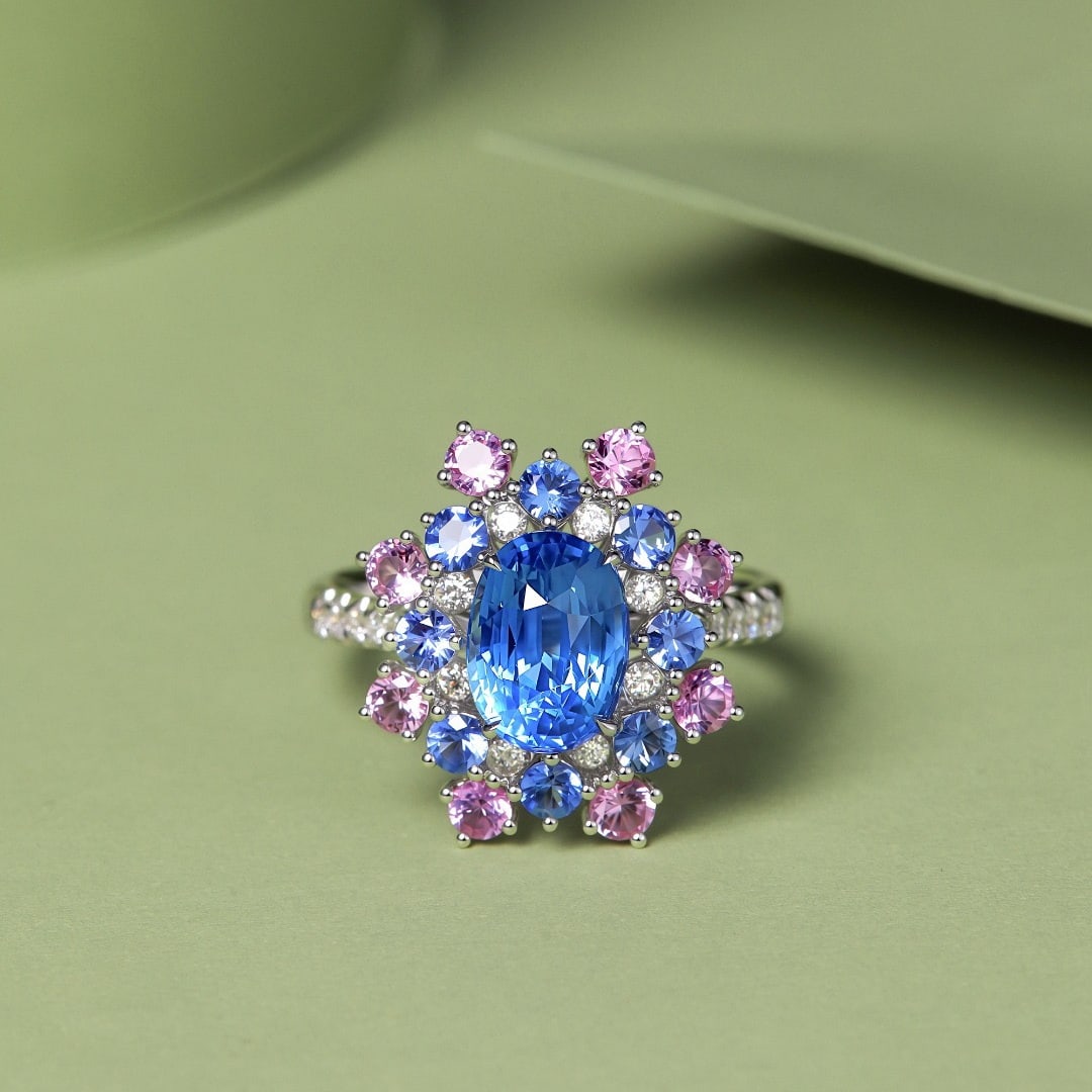 14k Gold 3.53 Ctw Natural Sapphire & Sapphire & Diamond Ring: Ref:231094110 // gold content:14k gold // ring size:7. 25us // // main gemstone:sapphire // shape:oval // carat weight:2. 53ct // color:cornflower blue // treatment:natural // // adjacent gemstone 2 :