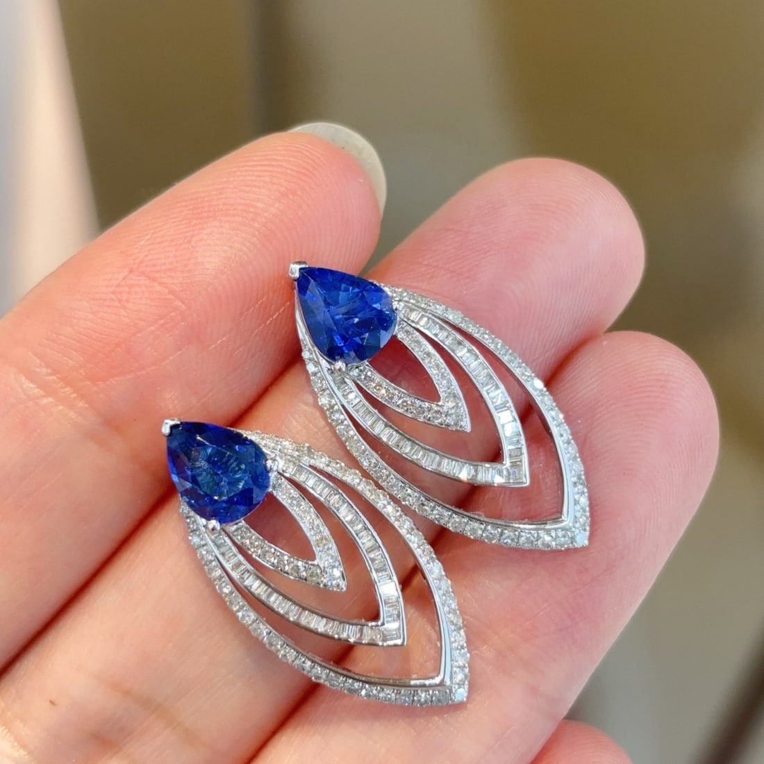 14k Gold 2.93 Ctw Natural Sapphire & Diamond Earrings: Ref:231094112 // gold content:14k gold // main gemstone:sapphire // shape:pear // carat weight:2. 14ct // color:blue // treatment:natural // // adjacent gemstone 2 : diamond // shape:multiple //
