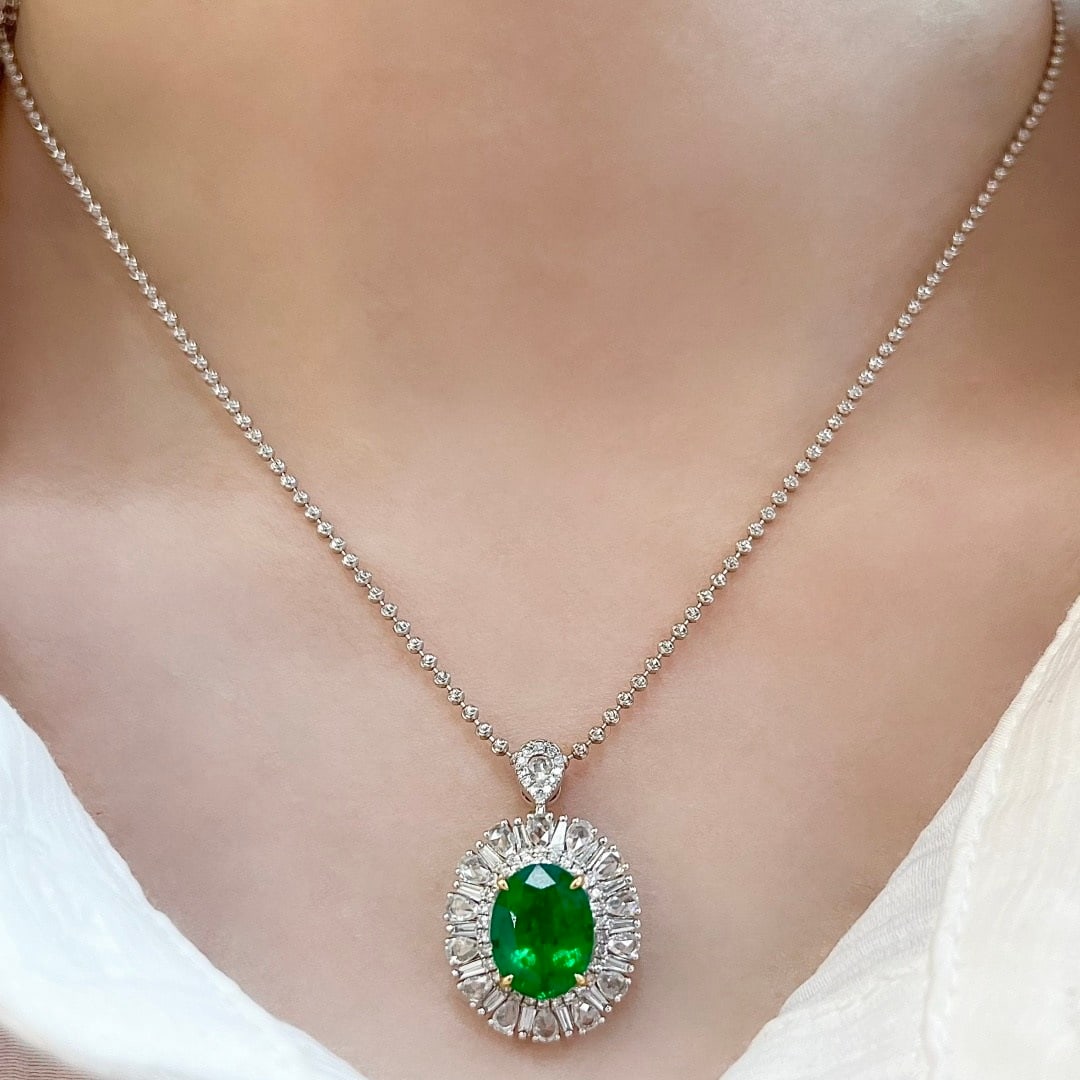 14k Gold 4.21 Ctw Vivid Green Natural Emerald & Diamond Pendant( Without Chain ) - 6