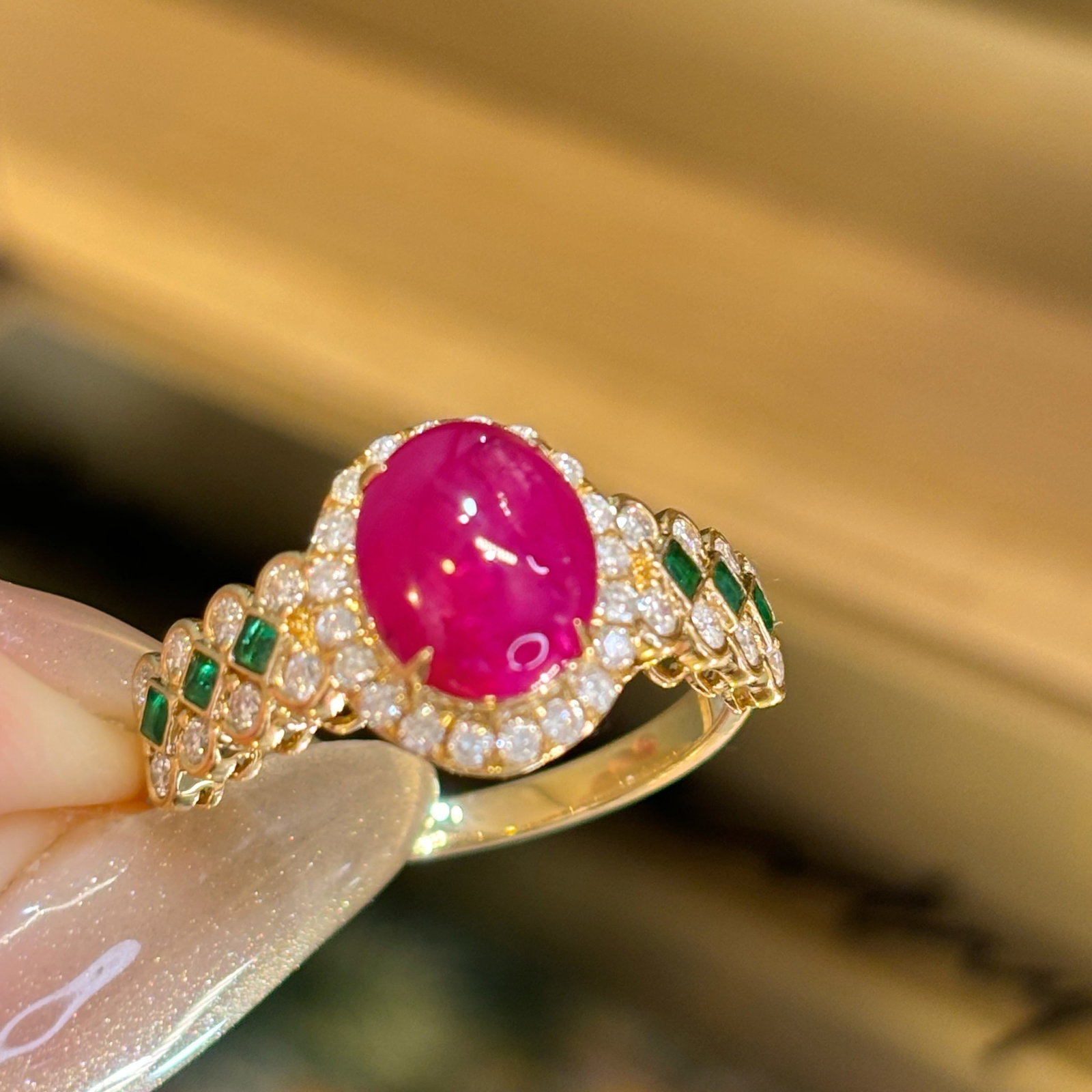 14k Gold 2.2 Ct Natural Ruby & Diamond & Emerald Ring - 7