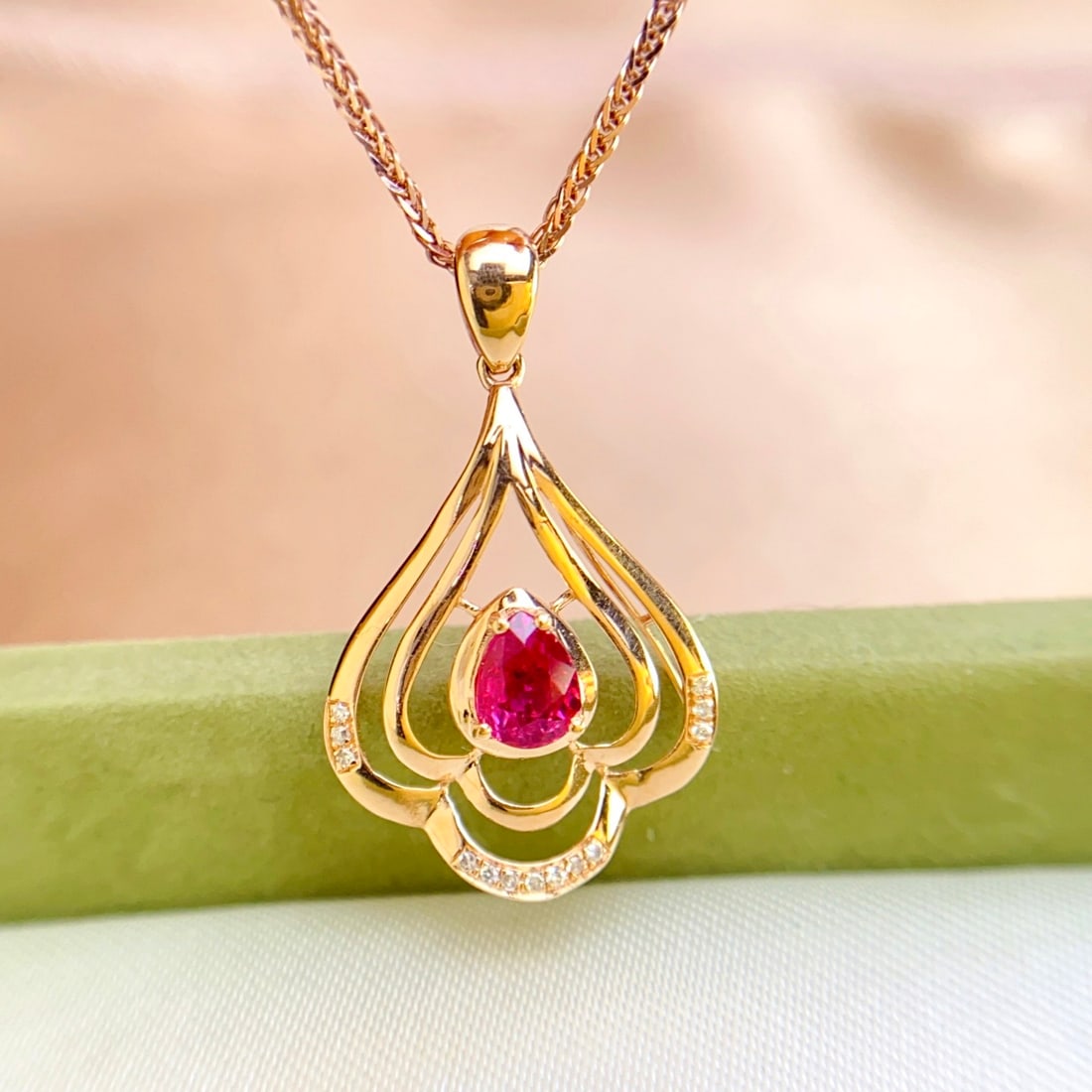 14k Gold 0.55 Ct Natural Ruby & Diamond Pendant( Without Chain ) - 2