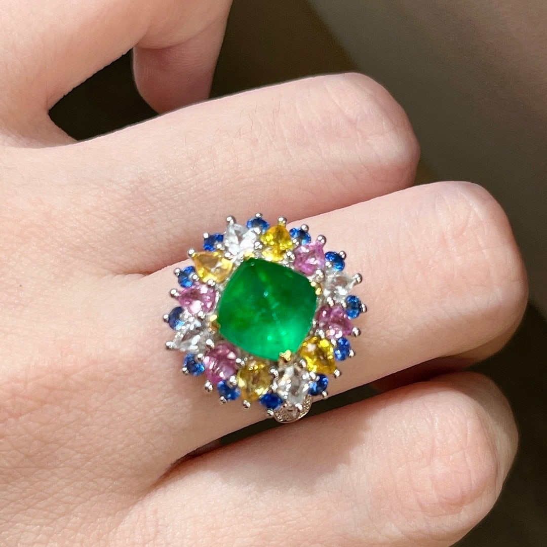 14k Gold 3.49 Ctw Vivid Green Natural Emerald & Diamond Ring - 6