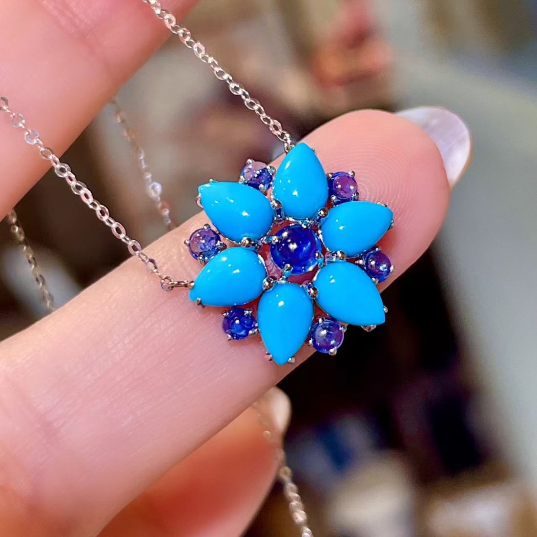 14k Gold 3.15 Ctw Natural Blue Turquoise & Sapphire Necklace - 2