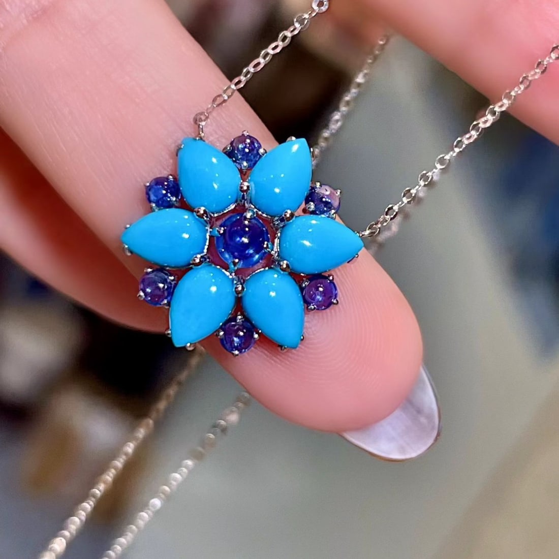 14k Gold 3.15 Ctw Natural Blue Turquoise & Sapphire Necklace - 3