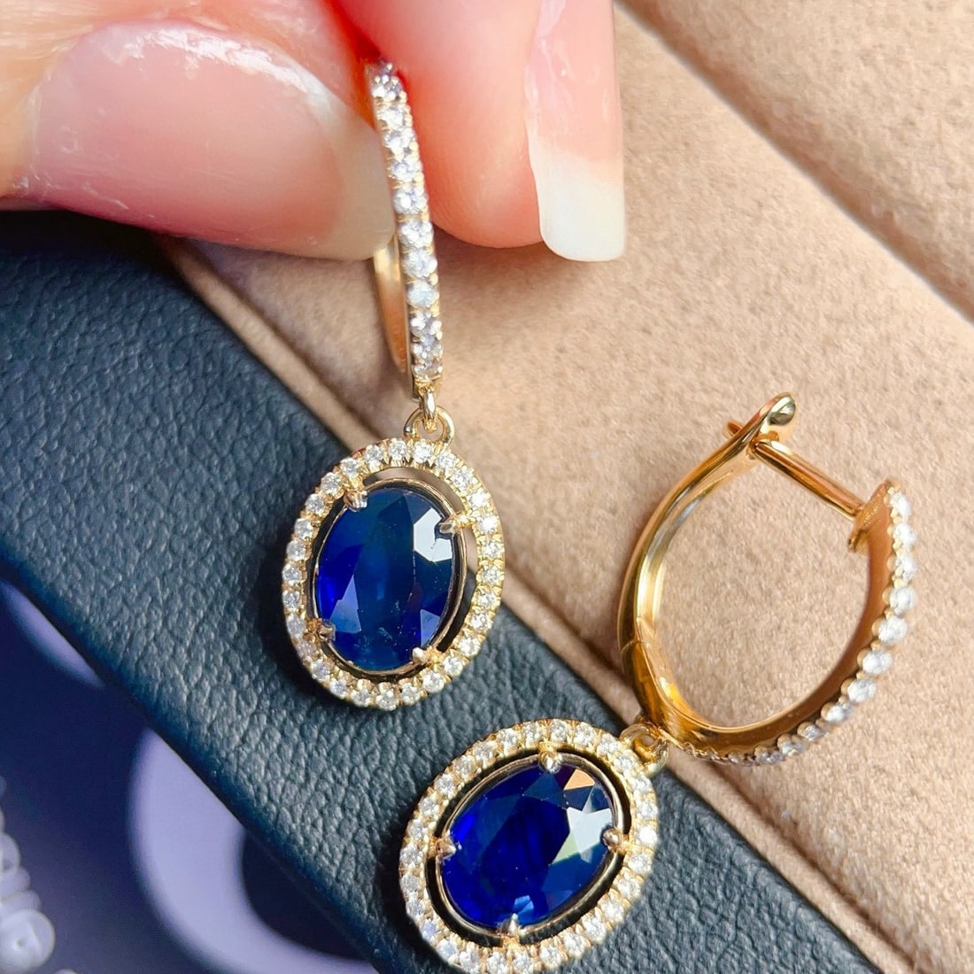 14k Gold 1.77 Ctw Vivid Blue Natural Sapphire & Diamond Earrings - 5