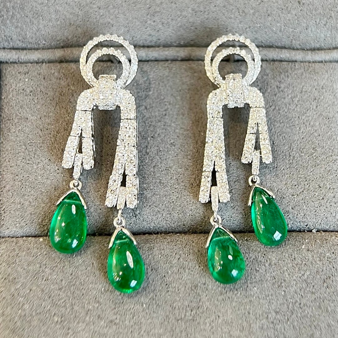 14k Gold 4.77 Ctw Vivid Green Natural Emerald & Diamond Earrings - 2