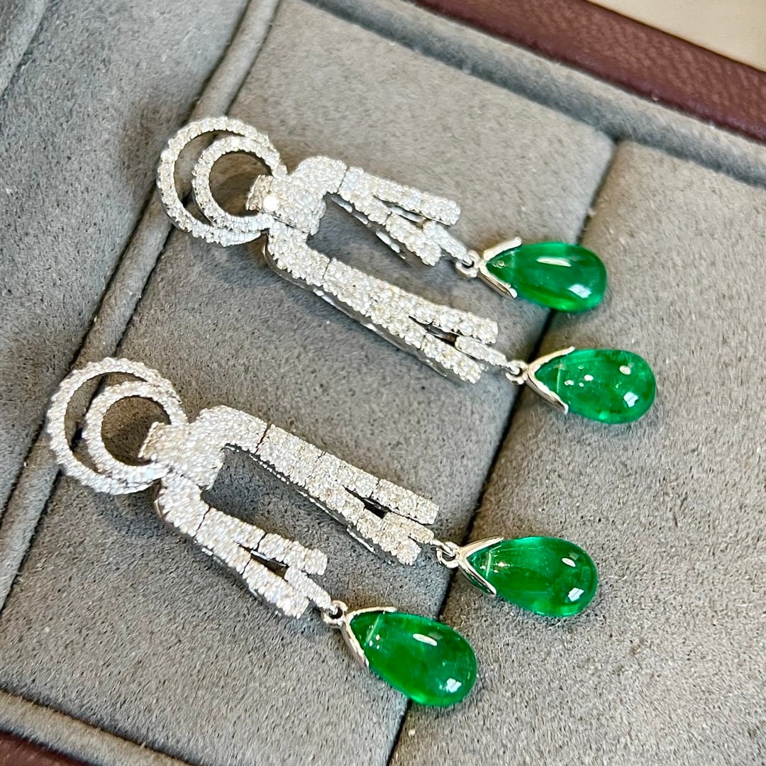 14k Gold 4.77 Ctw Vivid Green Natural Emerald & Diamond Earrings - 3