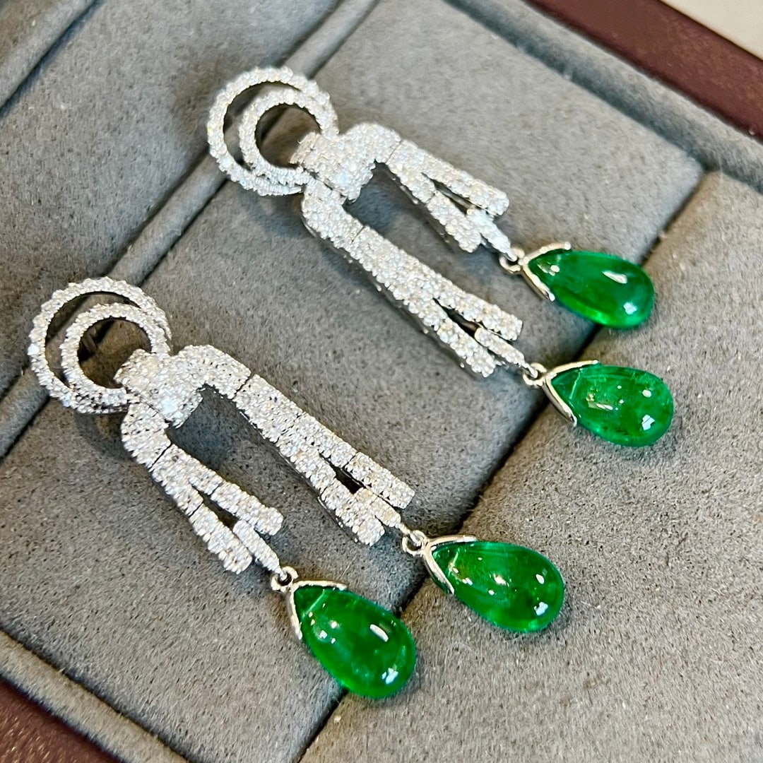 14k Gold 4.77 Ctw Vivid Green Natural Emerald & Diamond Earrings - 4
