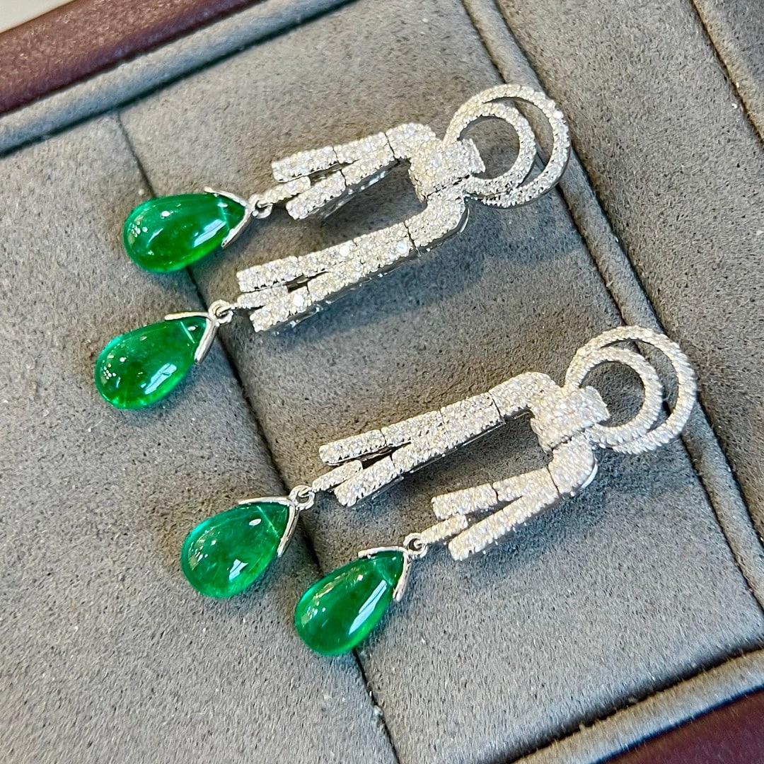 14k Gold 4.77 Ctw Vivid Green Natural Emerald & Diamond Earrings - 5
