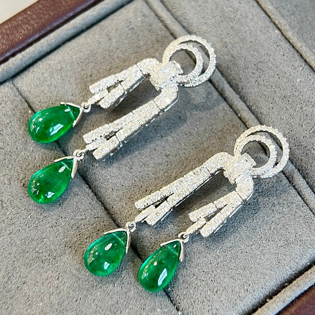 14k Gold 4.77 Ctw Vivid Green Natural Emerald & Diamond Earrings - 6