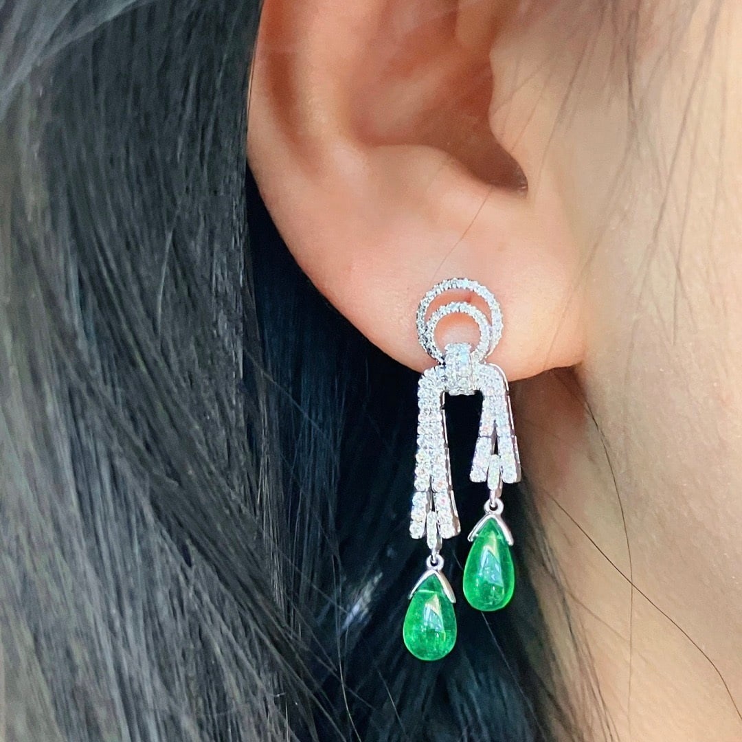 14k Gold 4.77 Ctw Vivid Green Natural Emerald & Diamond Earrings - 7