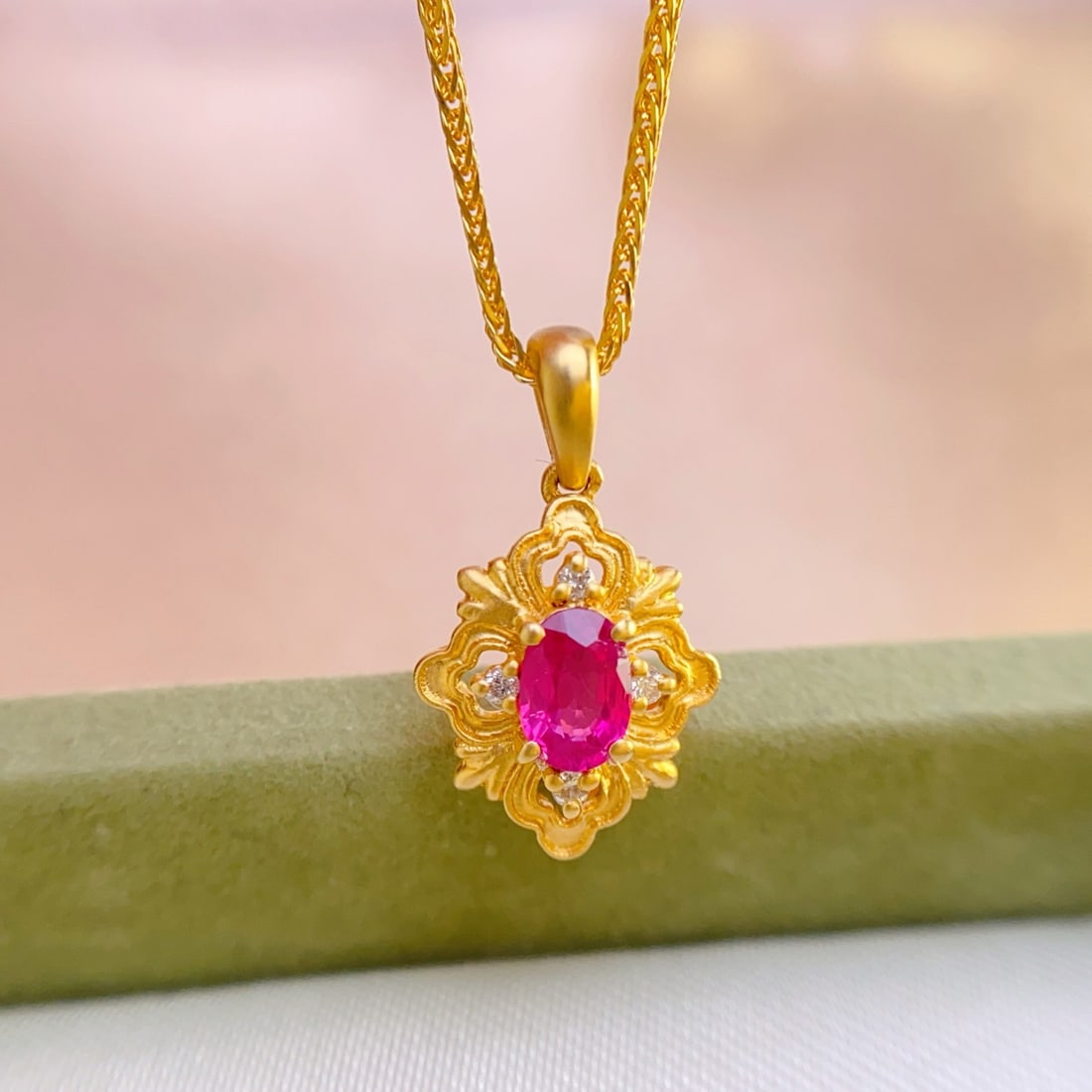 14k Gold 0.48 Ct Natural Ruby & Diamond Pendant( Without Chain ): Ref:231094207 // gold content:14k gold // main gemstone:ruby // shape:oval // carat weight:0. 48ct // color:red // treatment:natural // // adjacent gemstone 2 : diamond // number of stones:4 //