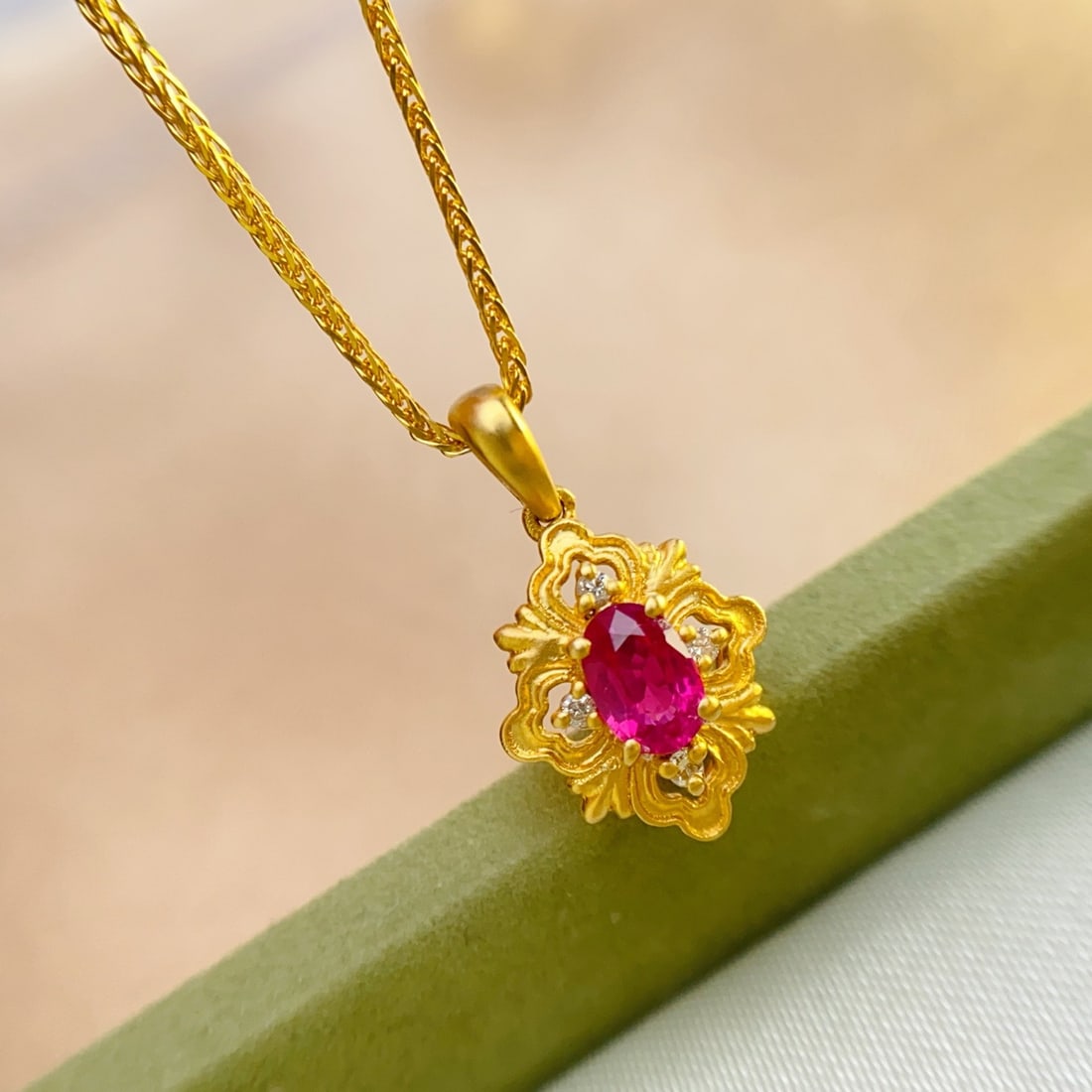 14k Gold 0.48 Ct Natural Ruby & Diamond Pendant( Without Chain ) - 2