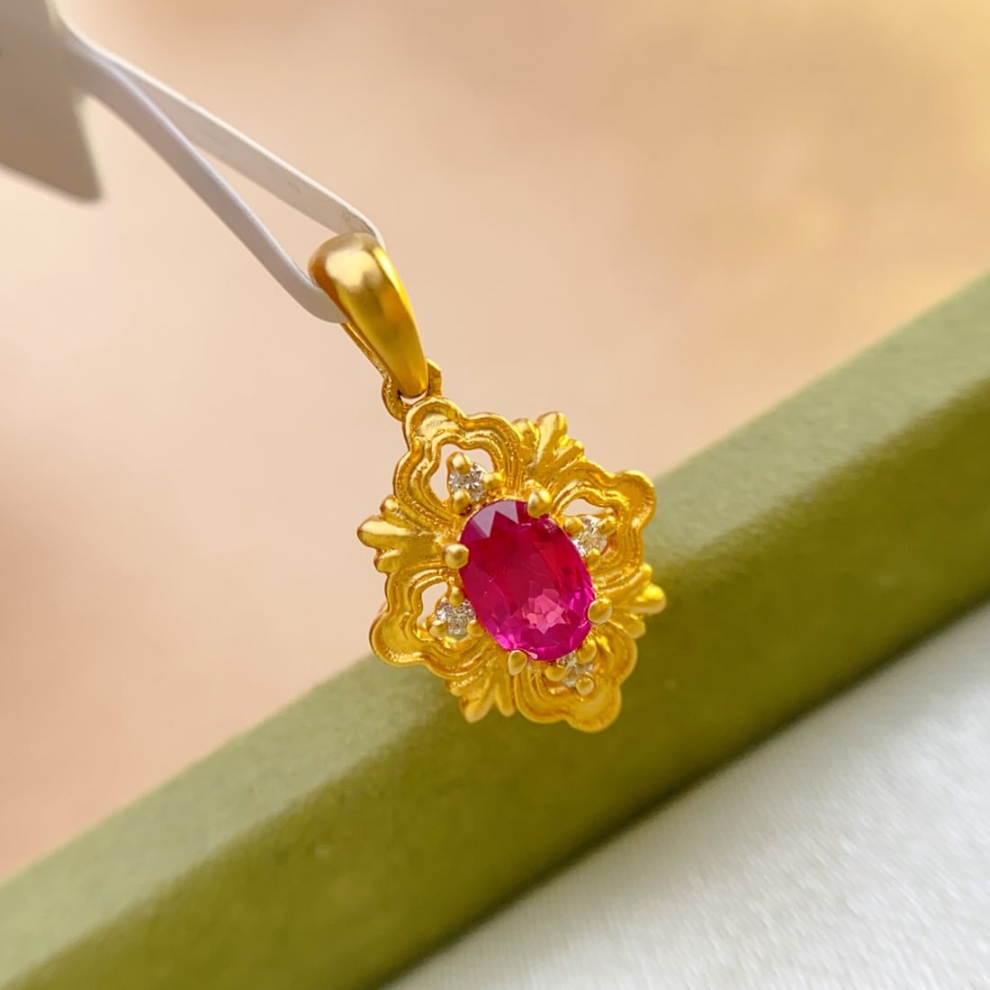 14k Gold 0.48 Ct Natural Ruby & Diamond Pendant( Without Chain ) - 3
