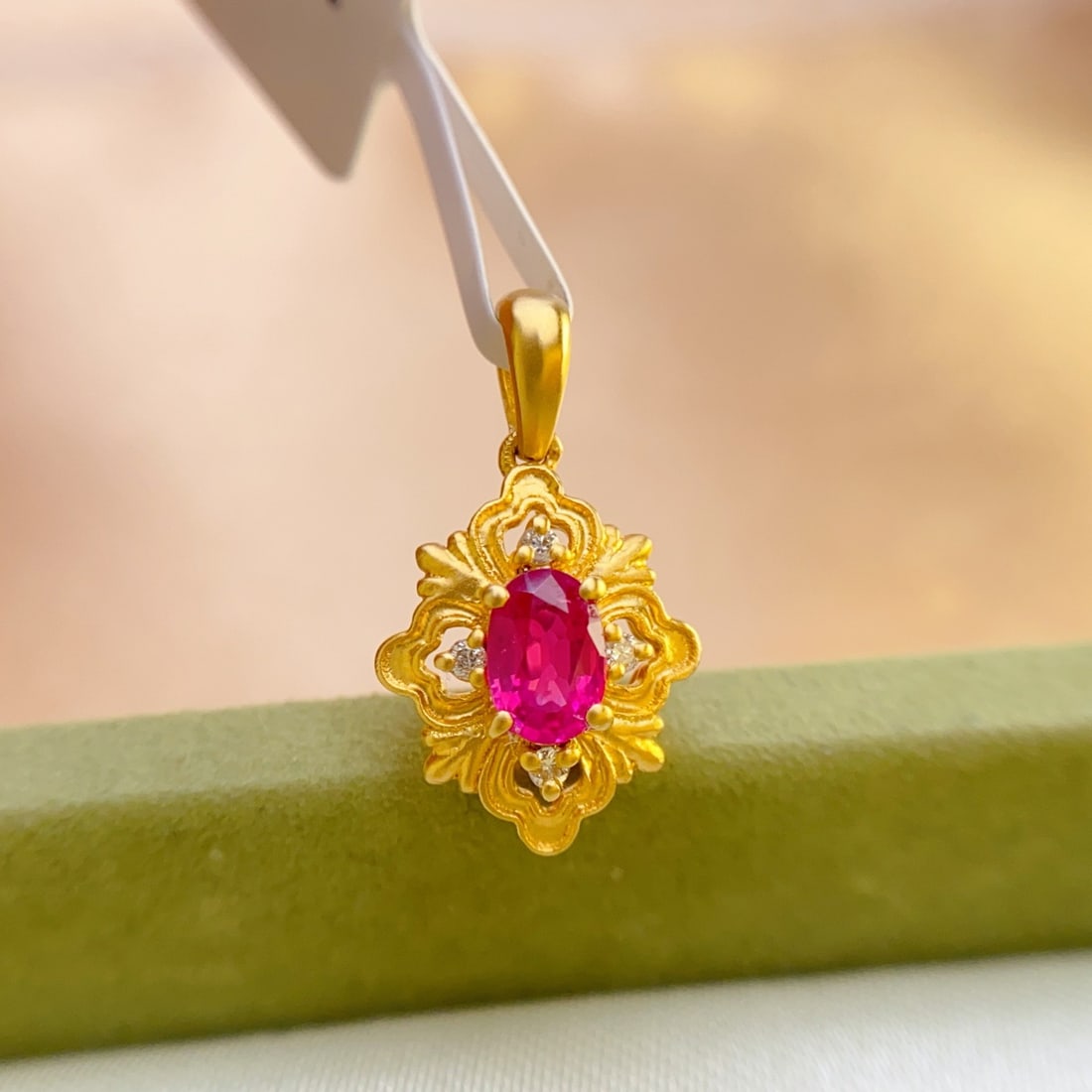 14k Gold 0.48 Ct Natural Ruby & Diamond Pendant( Without Chain ) - 4