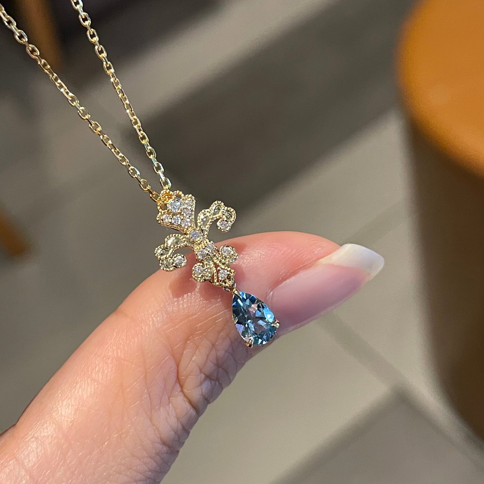 14k Gold 0.36 Ct Natural Aquamarine & Diamond Pendant( Without Chain ) - 3