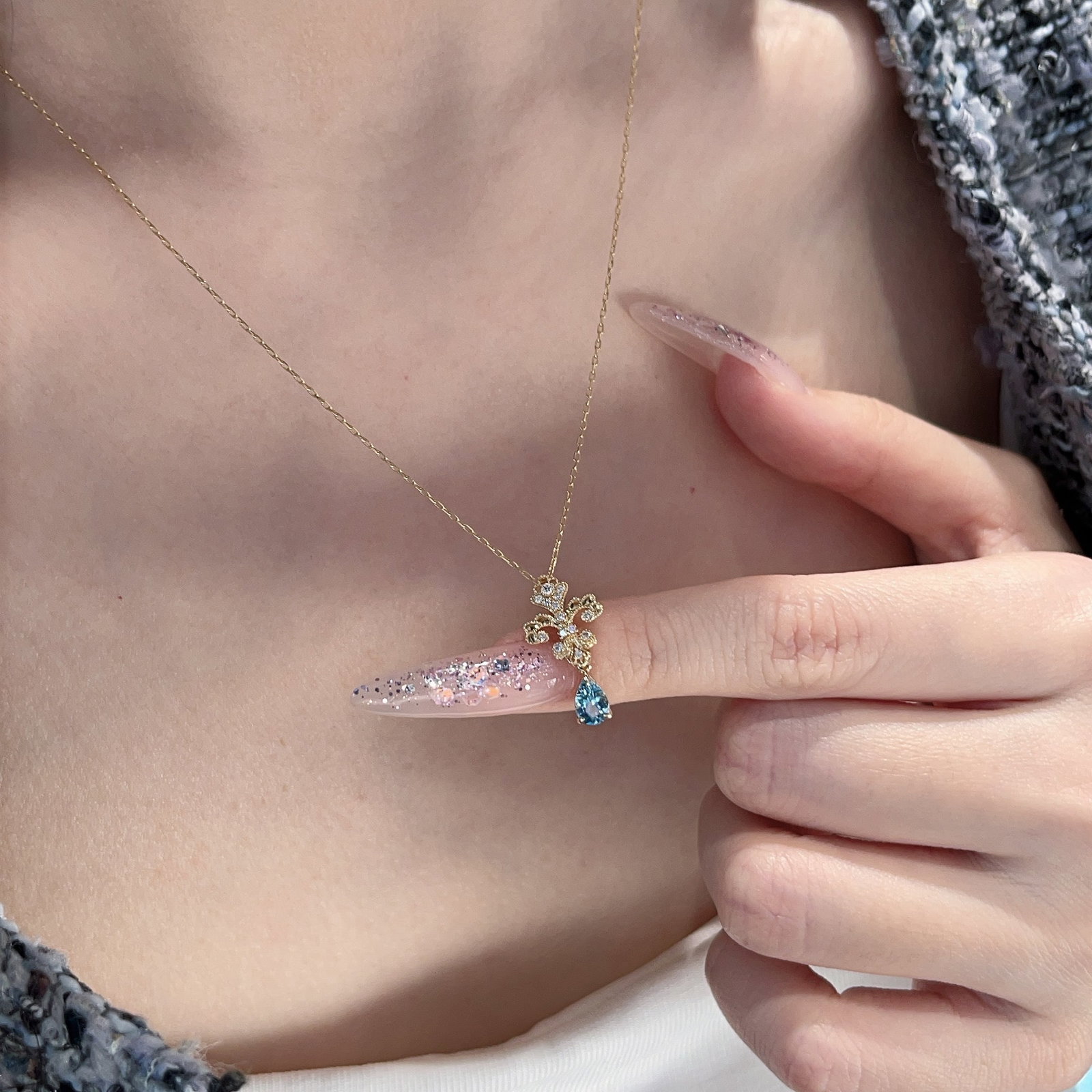 14k Gold 0.36 Ct Natural Aquamarine & Diamond Pendant( Without Chain ) - 5