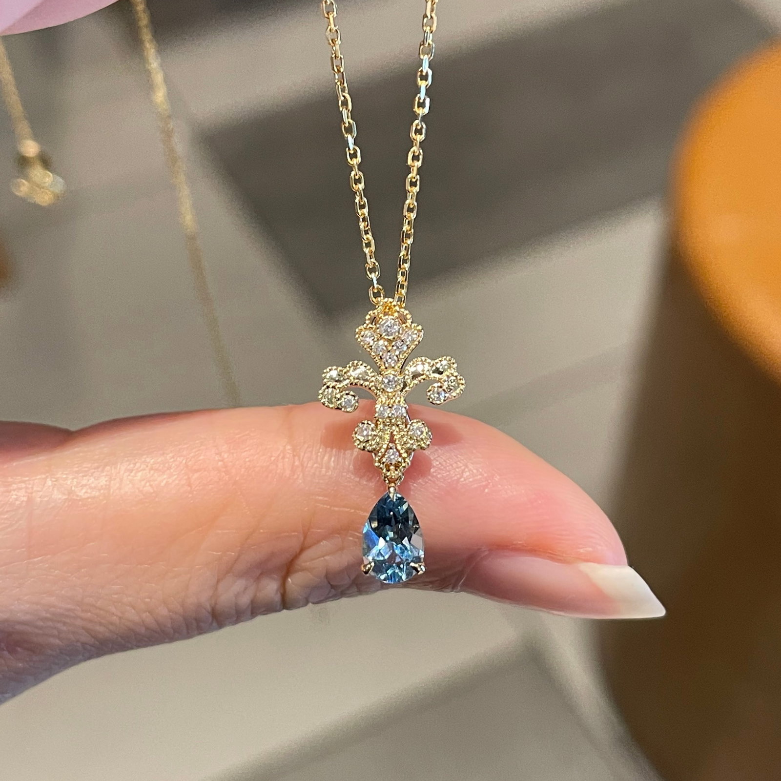 14k Gold 0.36 Ct Natural Aquamarine & Diamond Pendant( Without Chain ) - 6