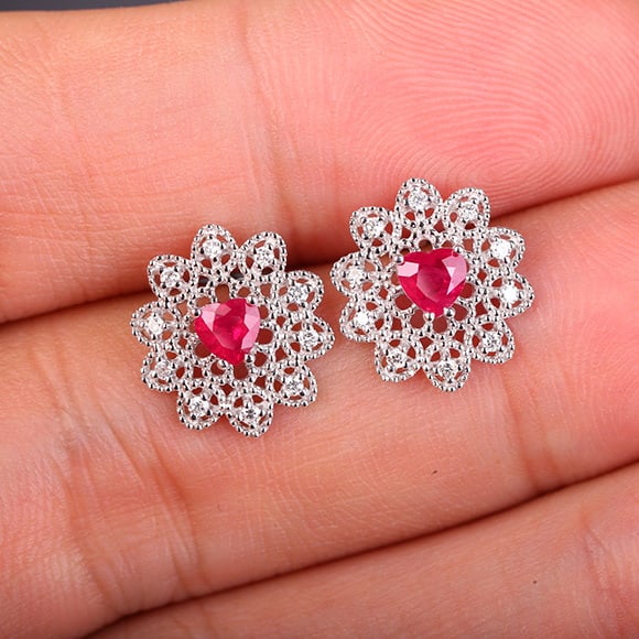 14k Gold 0.76 Ctw Natural Ruby & Diamond Earrings - 4