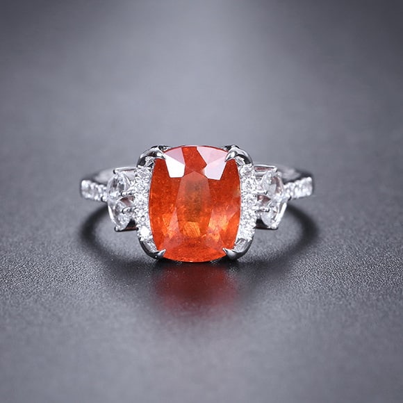 14k Gold 4.39 Ctw Natural Spessartine & Diamond Ring: Ref:231094247 // gold content:14k gold // ring size:7. 25us // // main gemstone:spessartine // shape:cushion // carat weight:4. 11ct // color:orange // treatment:natural // // adjacent gemstone 2 :