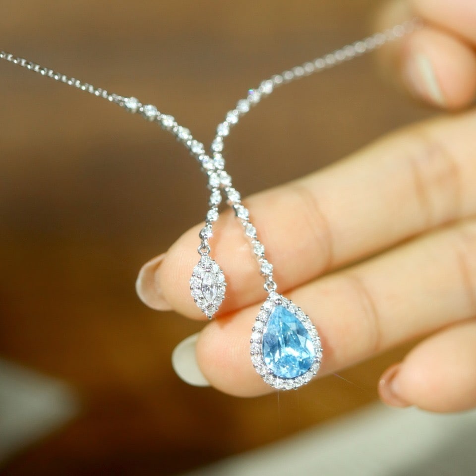14k Gold 2.16 Ctw Natural Aquamarine & Diamond Necklace - 5