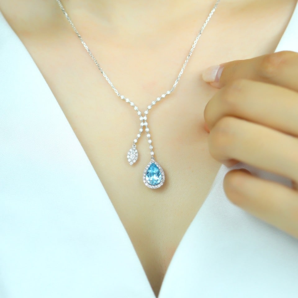 14k Gold 2.16 Ctw Natural Aquamarine & Diamond Necklace - 7