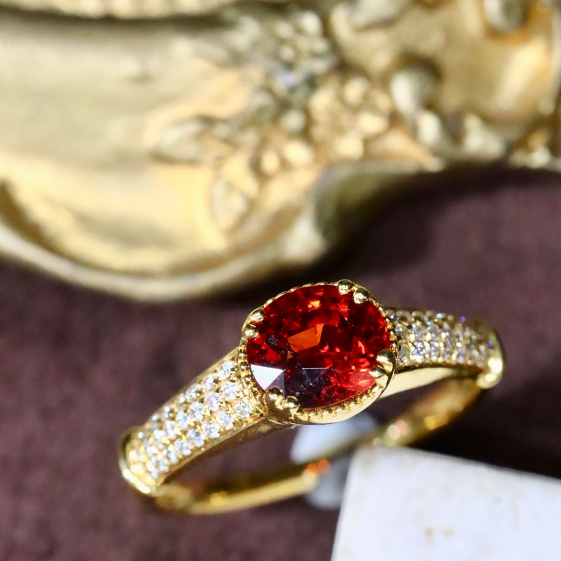 14k Gold 1.59 Ctw Natural Spessartine & Diamond Ring: Ref:231094320 // gold content:14k gold // ring size:7. 25us // // main gemstone:spessartine // shape:oval // carat weight:1. 4ct // color:orange // treatment:natural // // adjacent gemstone 2 :