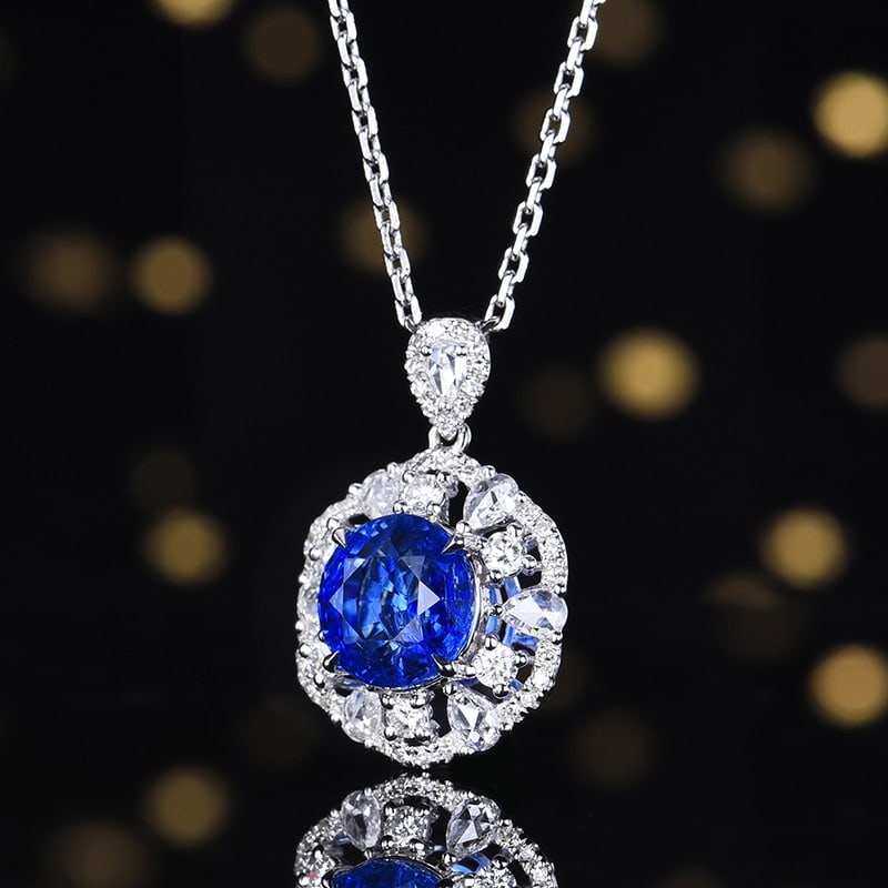 14k Gold 3.29 Ctw Natural Sapphire & Diamond Pendant( Without Chain ) - 2