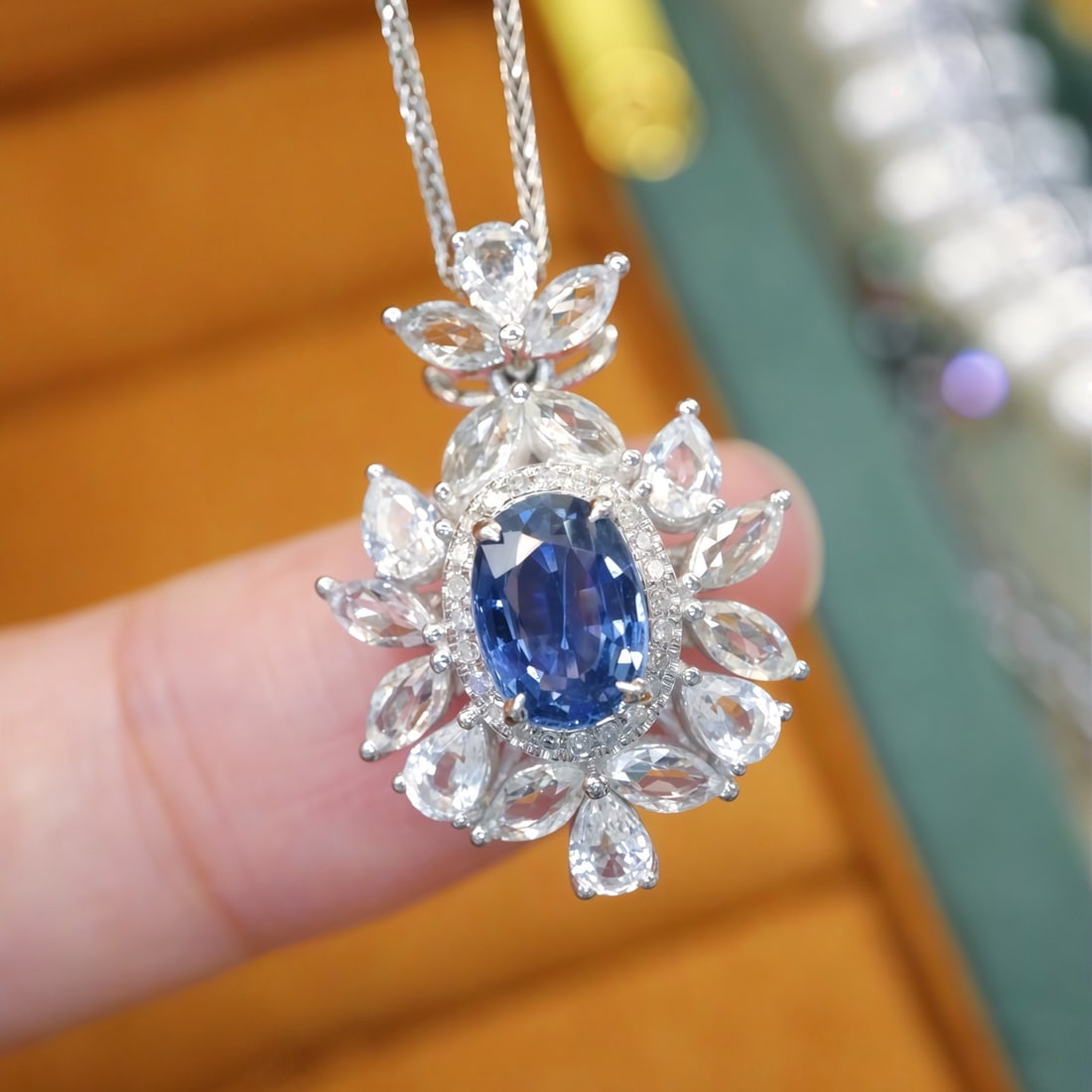 14k Gold 1.19 Ctw Natural Sapphire & Diamond Pendant( Without Chain ): Ref:231094339 // gold content:14k gold // main gemstone:sapphire // shape:oval // carat weight:1. 12ct // color:blue // treatment:natural // // adjacent gemstone 2 : diamond // number of stones:24 //
