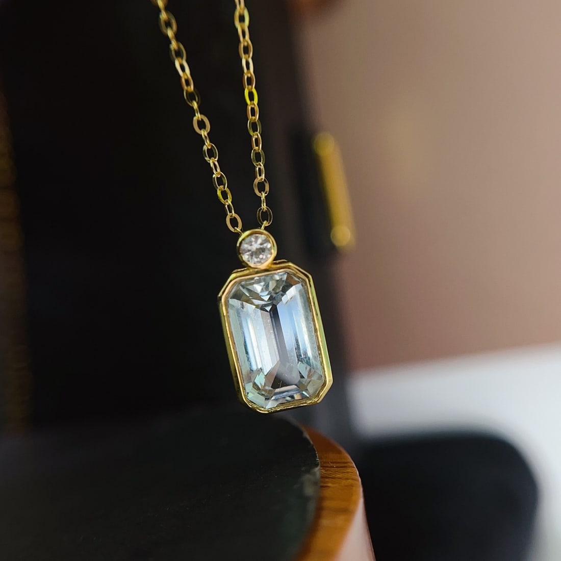 14k Gold 2.00 Ct Natural Aquamarine & Sapphire Necklace - 5