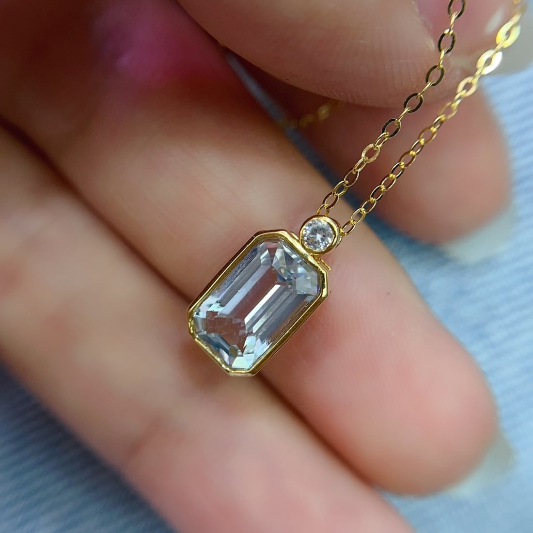 14k Gold 2.00 Ct Natural Aquamarine & Sapphire Necklace - 6