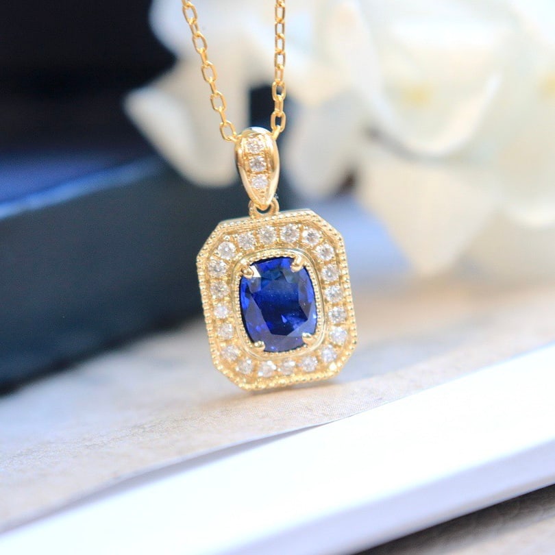 14k Gold 1.01 Ct Natural Sapphire & Diamond Pendant( Without Chain ) - 2