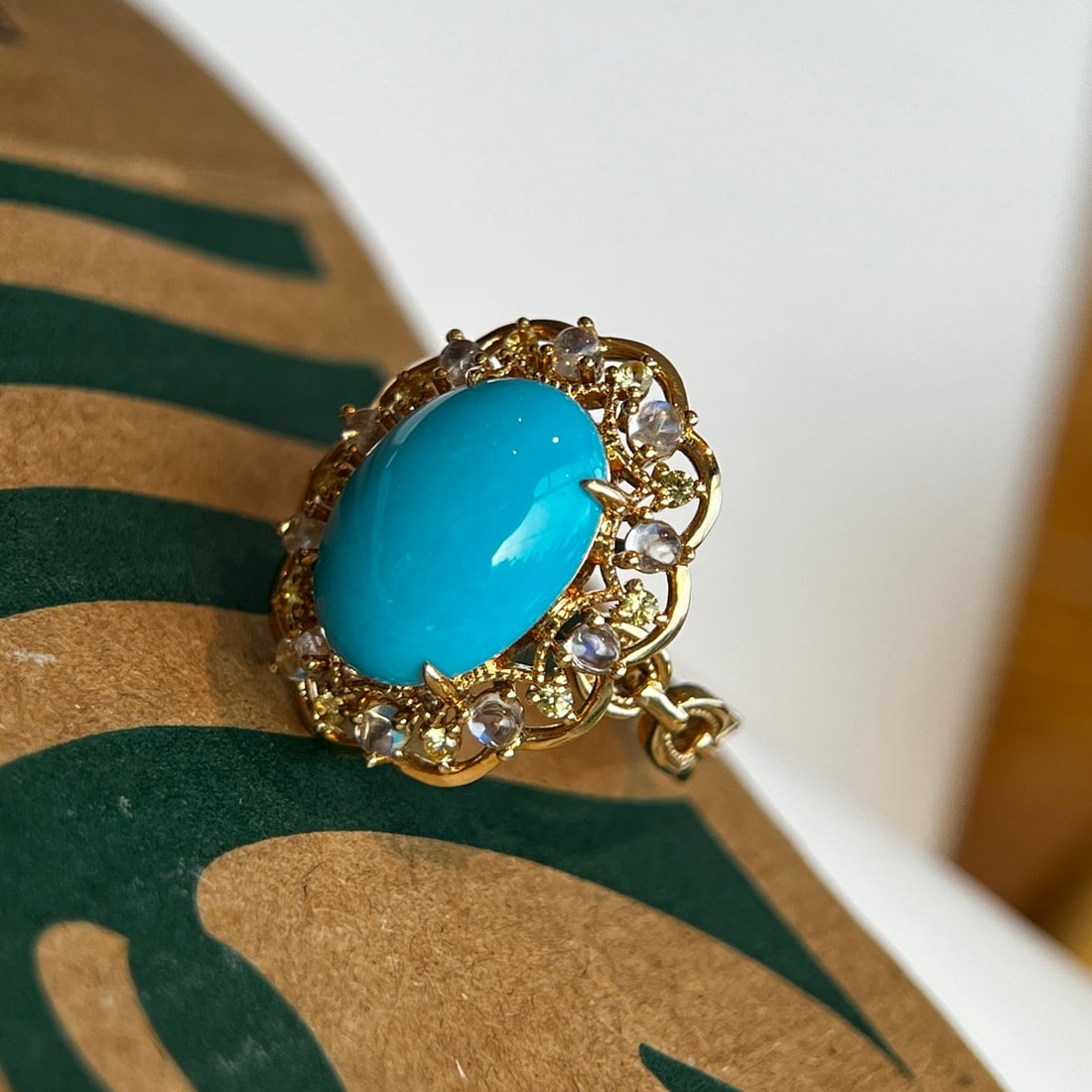 14k Gold 4.99 Ctw Natural Blue Turquoise & Sapphire Ring - 2