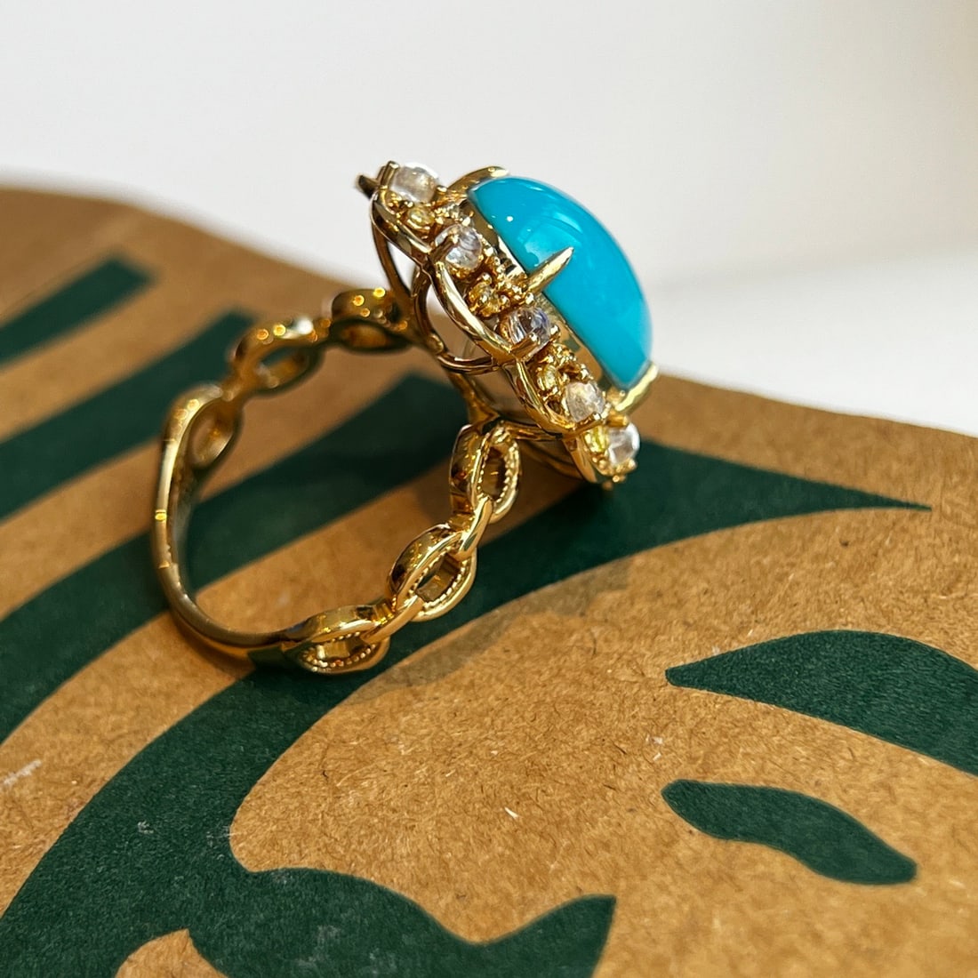 14k Gold 4.99 Ctw Natural Blue Turquoise & Sapphire Ring - 3