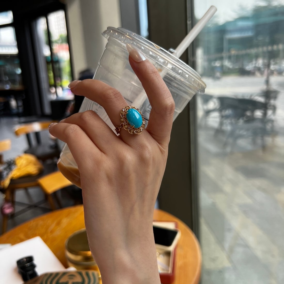 14k Gold 4.99 Ctw Natural Blue Turquoise & Sapphire Ring - 4