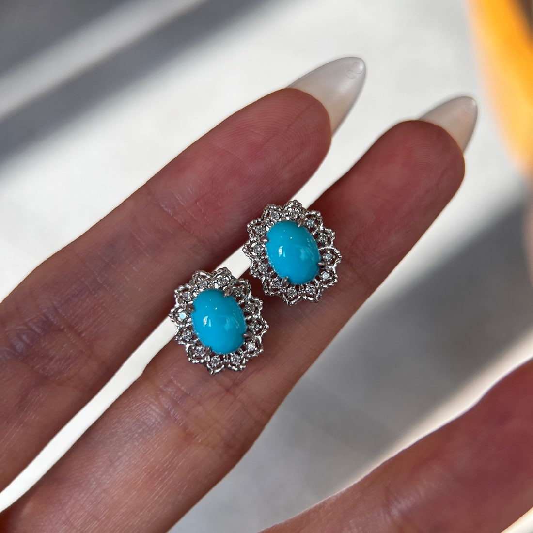 14k Gold 2.86 Ctw Natural Blue Turquoise & Diamond Earrings - 2