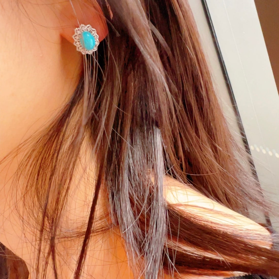 14k Gold 2.86 Ctw Natural Blue Turquoise & Diamond Earrings - 3