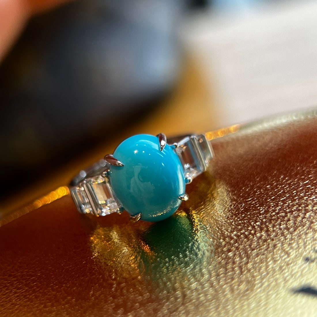 14k Gold 3.82 Ctw Natural Blue Turquoise & Diamond Ring: Ref:231094390 // gold content:14k gold // ring size:7. 25us // // main gemstone:blue turquoise // shape:oval // carat weight:3. 81ct // color:blue // treatment:natural // // adjacent gemstone 2 :