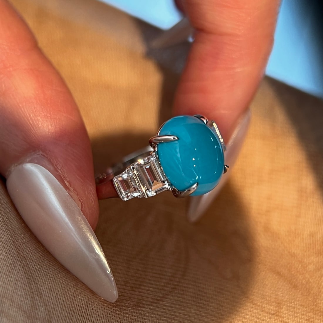 14k Gold 3.82 Ctw Natural Blue Turquoise & Diamond Ring - 2