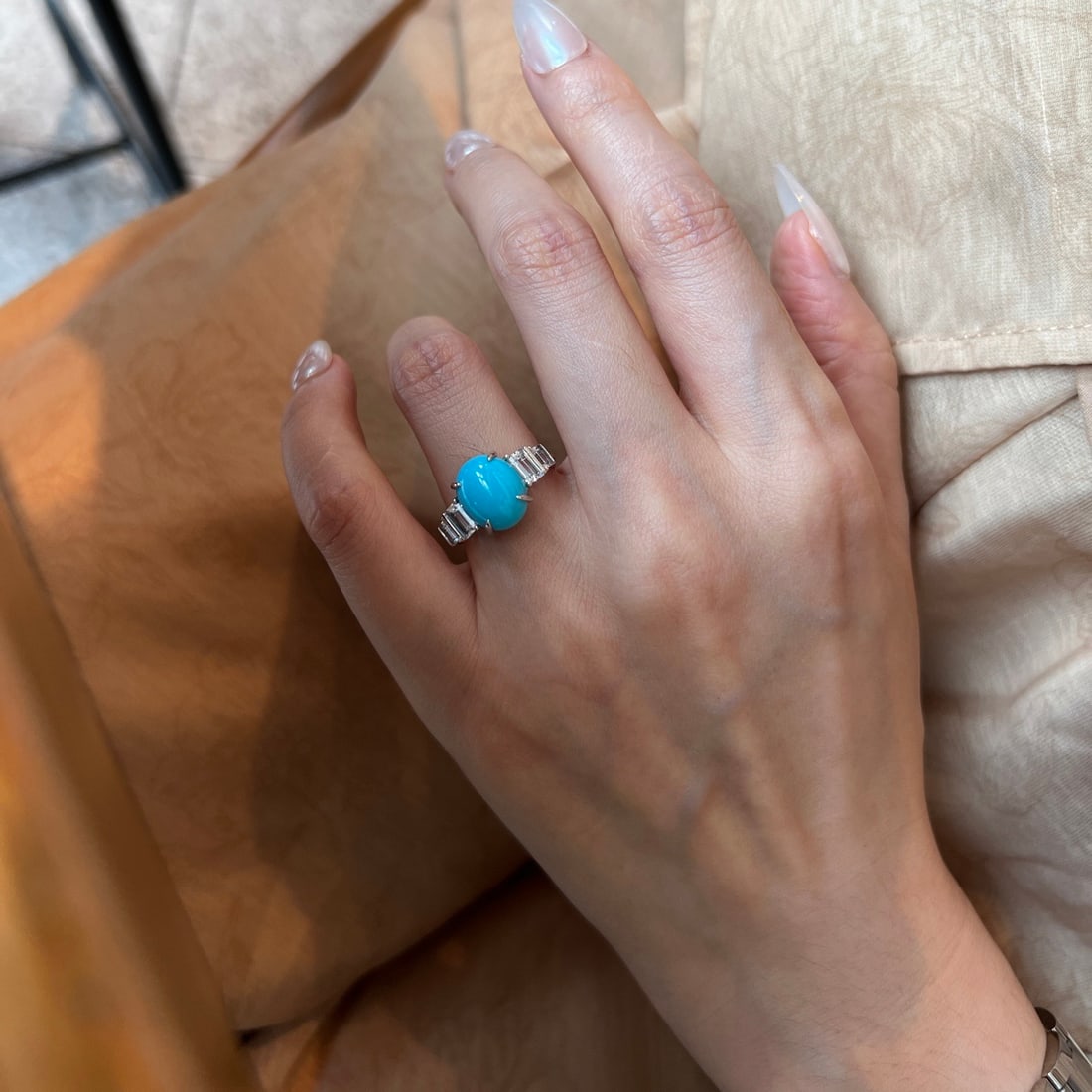 14k Gold 3.82 Ctw Natural Blue Turquoise & Diamond Ring - 4