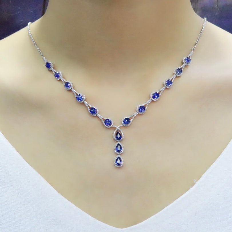 14k Gold 8.20 Ctw Natural Sapphire & Diamond Necklace - 5