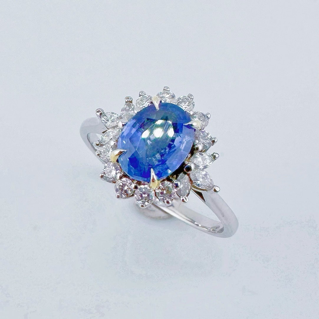 14k Gold 1.16 Ct Natural Sapphire & Diamond Ring: Ref:231094399 // gold content:14k gold // ring size:7. 25us // // main gemstone:sapphire // shape:oval // carat weight:1. 16ct // color:cornflower blue // treatment:natural // // adjacent gemstone 2 :