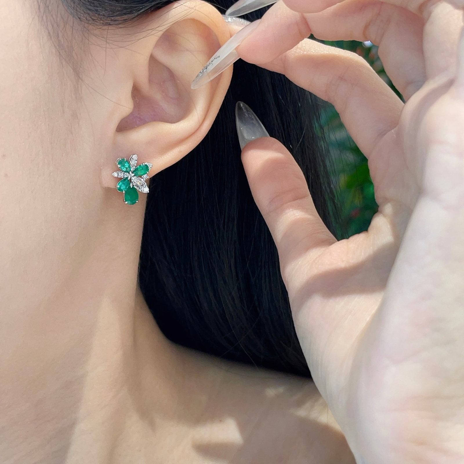 14k Gold 1.8 Ct Vivid Green Natural Emerald & Diamond Earrings - 4