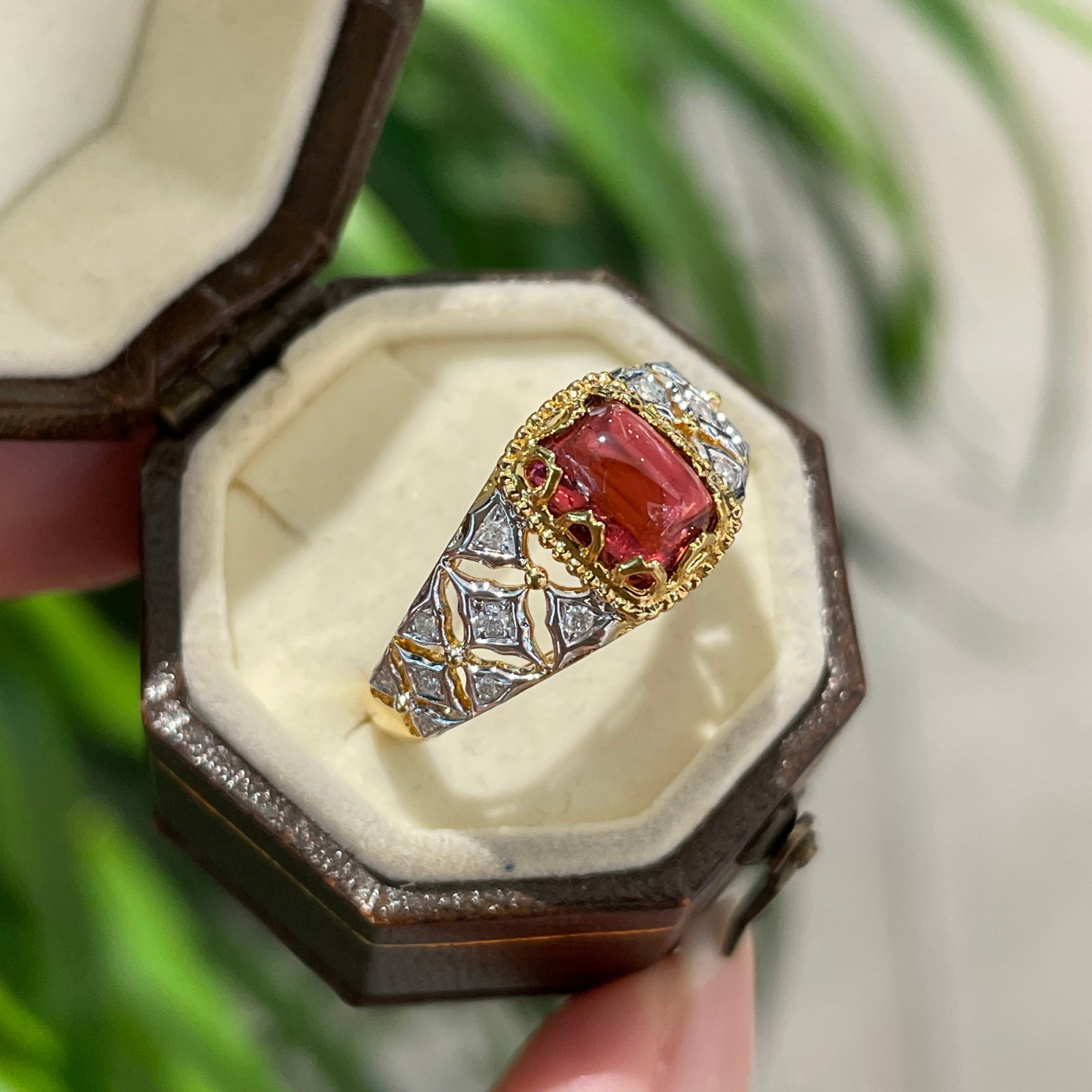 14k Gold 1.3 Ct Natural Tourmaline & Diamond Ring: Ref:231094412 // gold content:14k gold // ring size:7. 25us // // main gemstone:tourmaline // shape:cushion // carat weight:1. 3ct // color:red // treatment:natural // // adjacent gemstone 2 : diamond