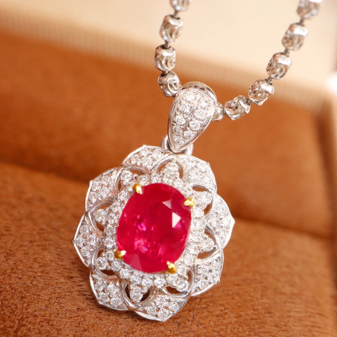 14k Gold 1.46 Ctw Natural Ruby & Diamond Pendant( Without Chain ): Ref:231094419 // gold content:14k gold // main gemstone:ruby // shape:oval // carat weight:1. 23ct // color:pigeonblood red // treatment:natural // // adjacent gemstone 2 : diamond // shape:round //